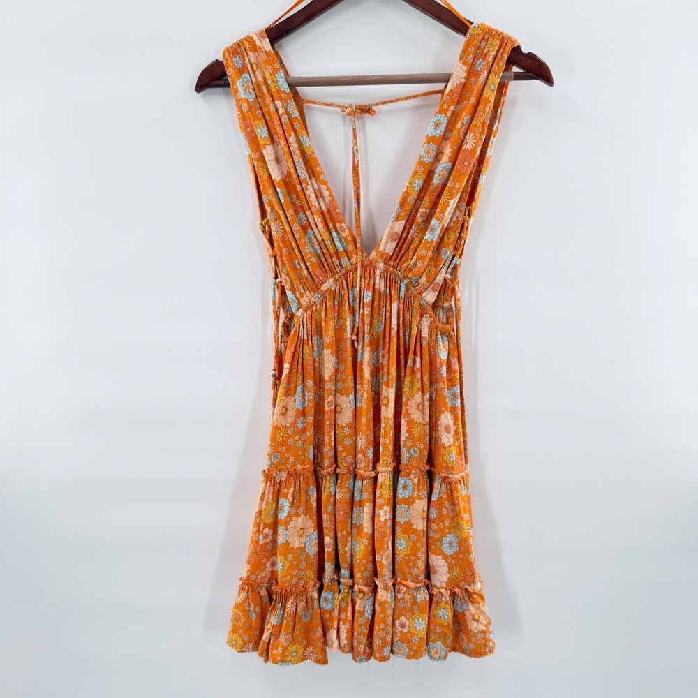 Cotton Candy LA 70s Retro Floral Tie Side Tie Back Cutout Tiered Mini Dress S